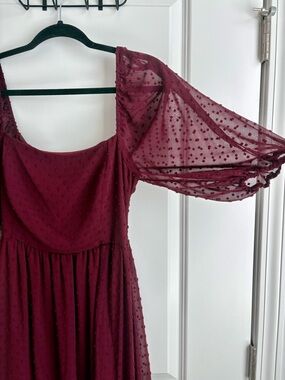 Altar'd State Burgundy Swiss Dot Puff Sleeve Maxi Dress - Size M